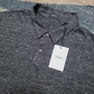 Theory Bron Zephyr Melange Polo Shirt Charcoal Heather XL 100% Linen NWT $125